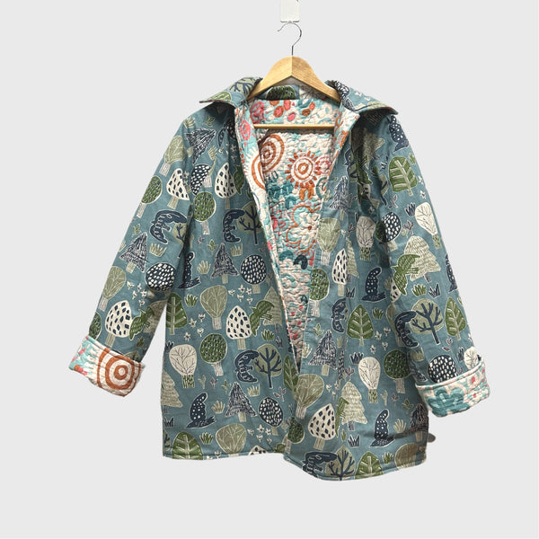 Reversible Quilted Jacket - Art Lab Dreaming and Blue Trees