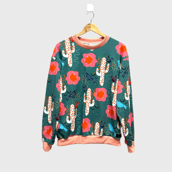 Long Sleeve top - DOOPS Birdy Cacti with Apricot Ribbing (M)