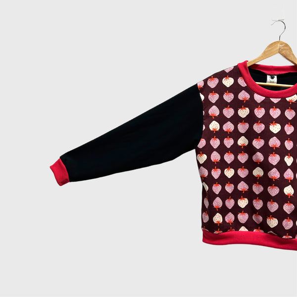 Long Sleeve top - Ruby Star Society Strawberries with Black French Terry (L)