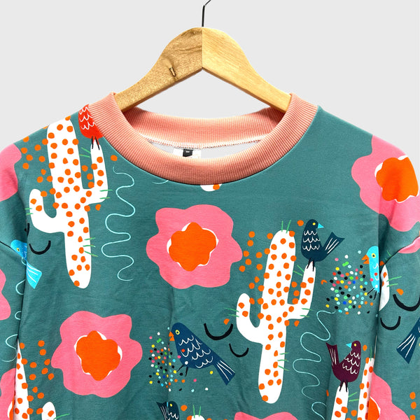 Long Sleeve top - DOOPS Birdy Cacti with Apricot Ribbing (M)