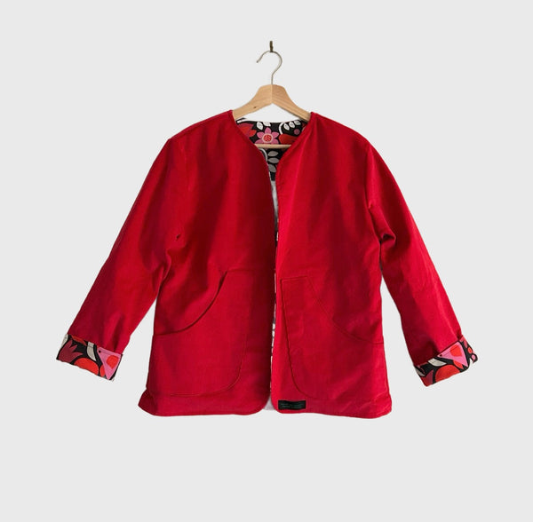Reversible Fitted Jacket - Red Corduroy with Black Birds (S)