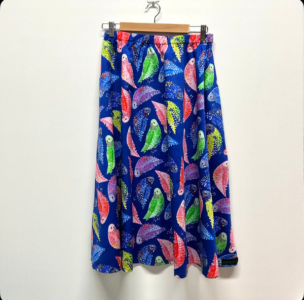 Mid length Skirt - Dark Blue Budgies by DOOPS (L)