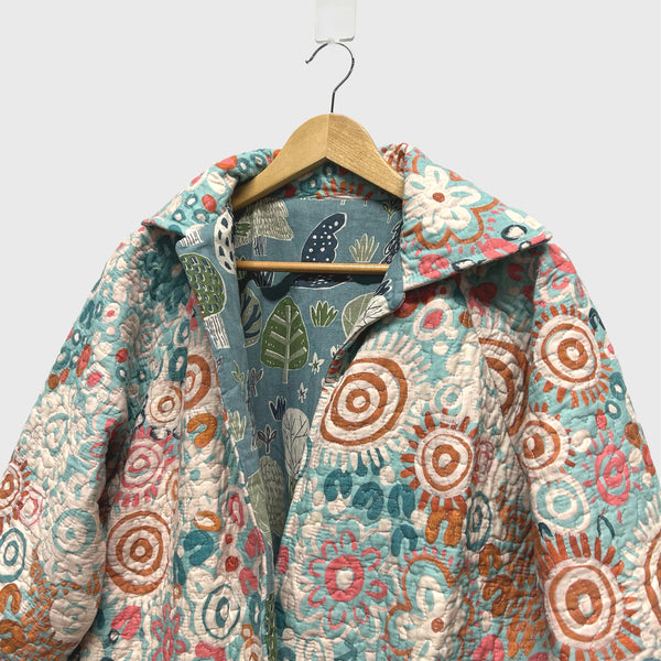 Reversible Quilted Jacket - Art Lab Dreaming and Blue Trees