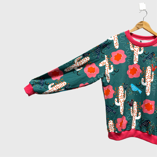 Long Sleeve top - DOOPS Birdy Cacti with Hot Pink Ribbing (L)