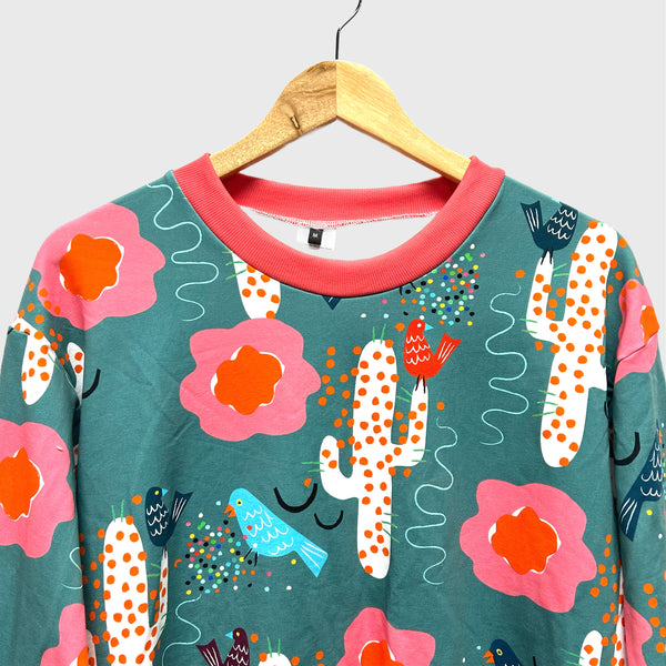 Long Sleeve top - DOOPS Birdy Cacti with Pink Ribbing (M)