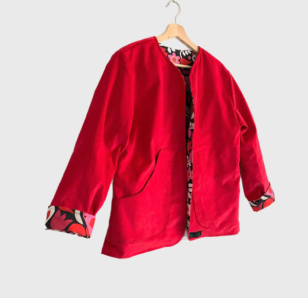 Reversible Fitted Jacket - Red Corduroy with Black Birds (S)
