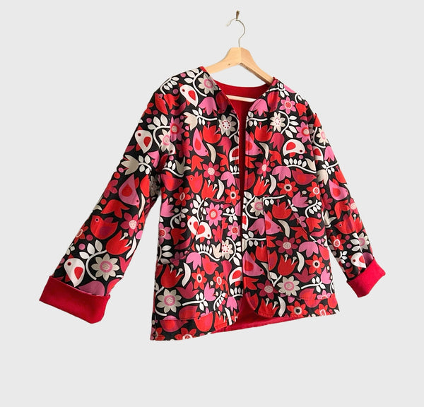 Reversible Fitted Jacket - Red Corduroy with Black Birds (S)