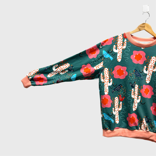 Long Sleeve top - DOOPS Birdy Cacti with Apricot Ribbing (M)