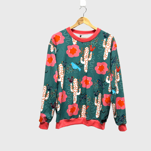 Long Sleeve top - DOOPS Birdy Cacti with Pink Ribbing (M)