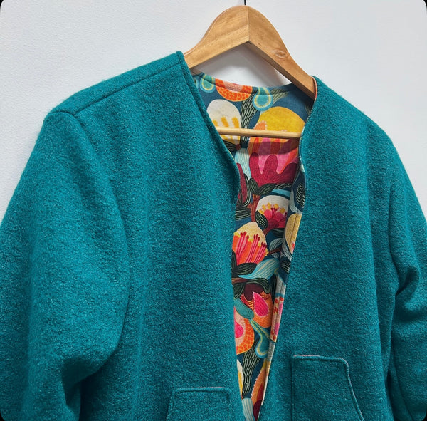 Reversible Fitted Jacket - Green Wool with Botanicals (S)