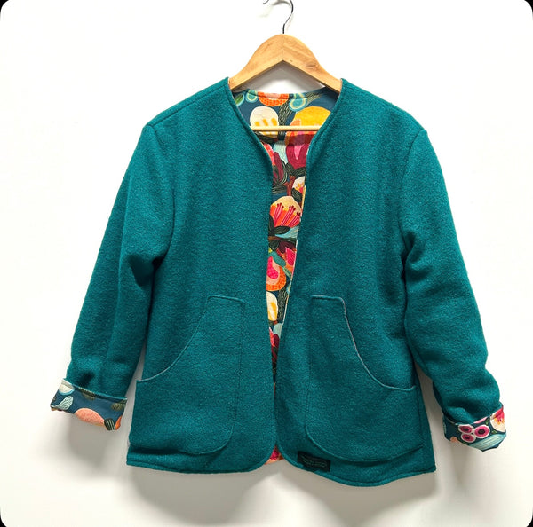 Reversible Fitted Jacket - Green Wool with Botanicals (S)