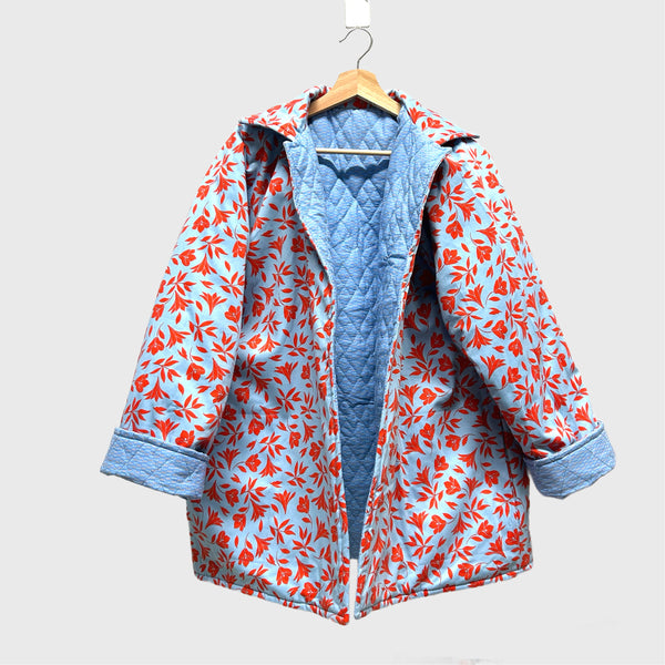 Reversible Quilted Jacket - Blue Dots and Red Flowers