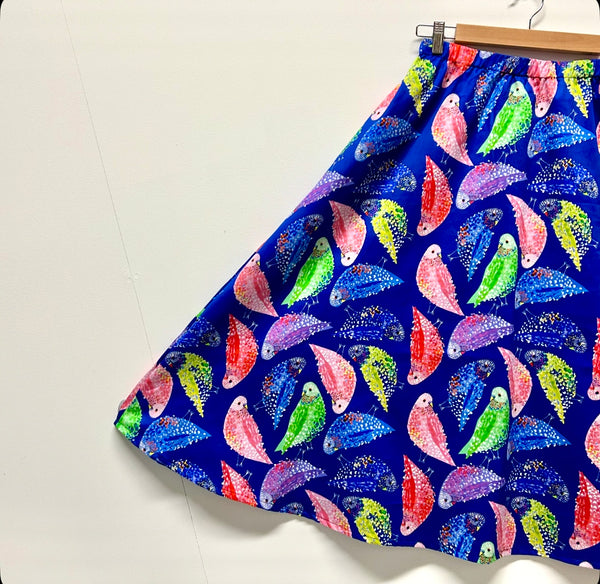 Mid length Skirt - Dark Blue Budgies by DOOPS (L)