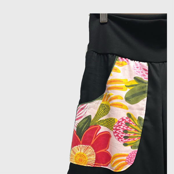 Wide Legged Pants - Black with Pink Flowers (S)