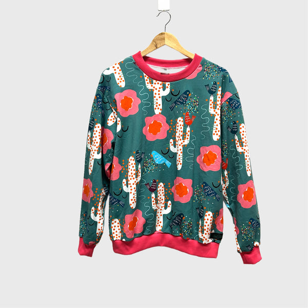 Long Sleeve top - DOOPS Birdy Cacti with Hot Pink Ribbing (L)