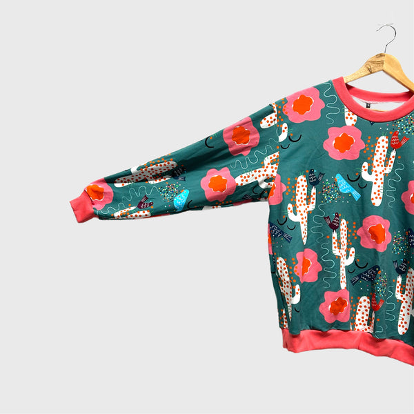 Long Sleeve top - DOOPS Birdy Cacti with Pink Ribbing (M)
