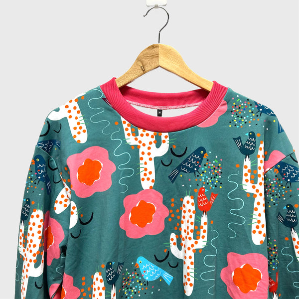 Long Sleeve top - DOOPS Birdy Cacti with Hot Pink Ribbing (L)