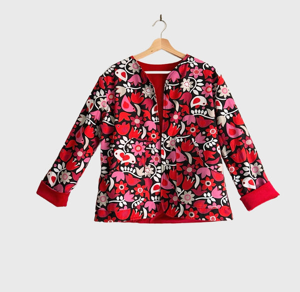 Reversible Fitted Jacket - Red Corduroy with Black Birds (S)