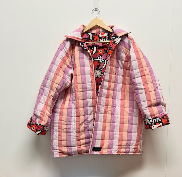 Reversible Quilted Jacket - Pink and purple Stripes and Red Birds