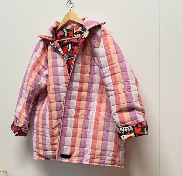 Reversible Quilted Jacket - Pink and purple Stripes and Red Birds