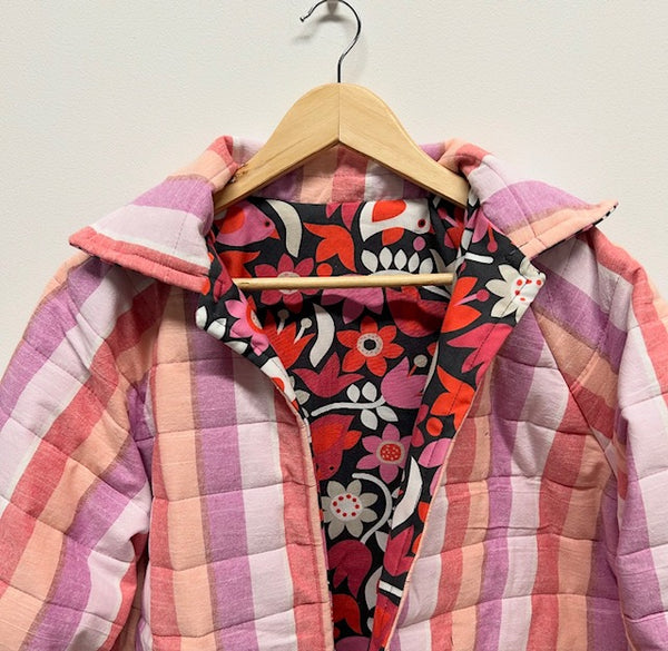 Reversible Quilted Jacket - Pink and purple Stripes and Red Birds