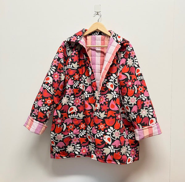 Reversible Quilted Jacket - Pink and purple Stripes and Red Birds