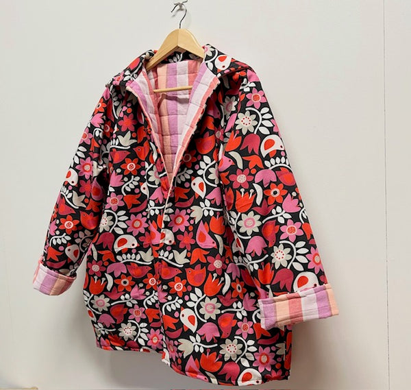 Reversible Quilted Jacket - Pink and purple Stripes and Red Birds