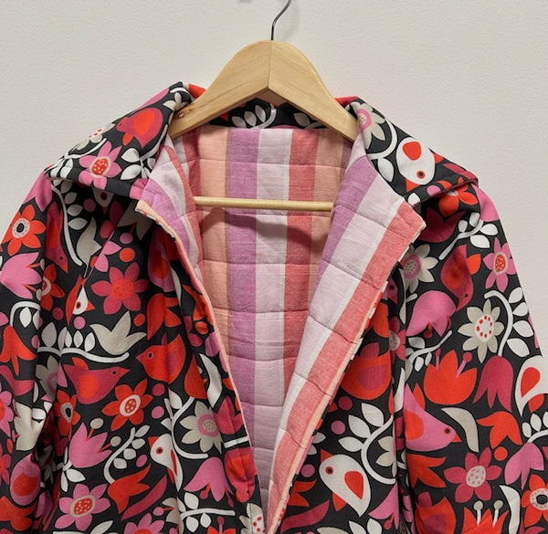 Reversible Quilted Jacket - Pink and purple Stripes and Red Birds