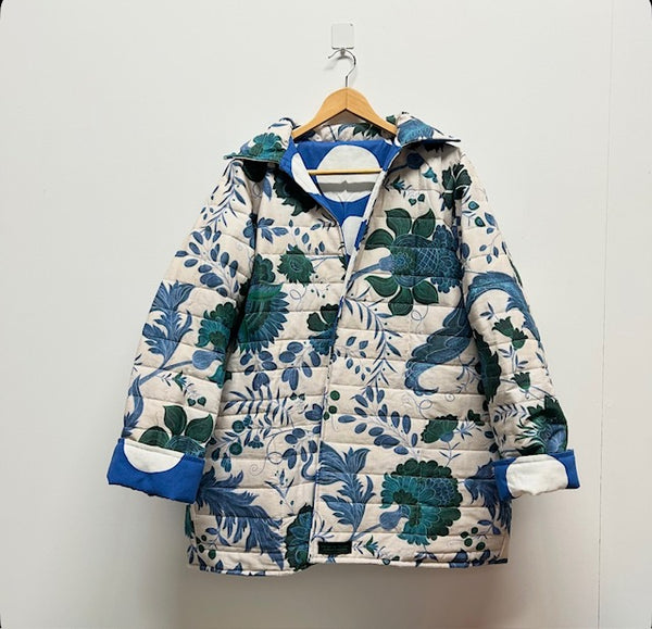 Reversible Quilted Jacket - Green Blue Flowers and White Spots