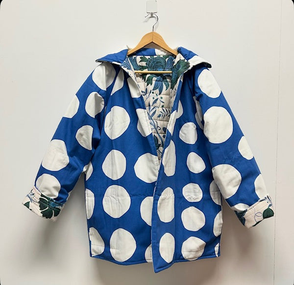 Reversible Quilted Jacket - Green Blue Flowers and White Spots