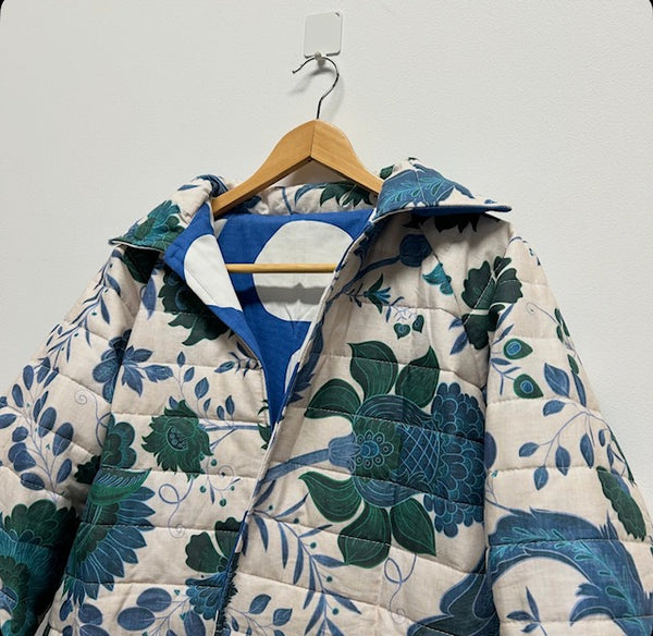 Reversible Quilted Jacket - Green Blue Flowers and White Spots