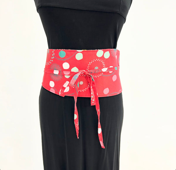 Obi Belt - Abstract Wildflowers with Surface Art Red