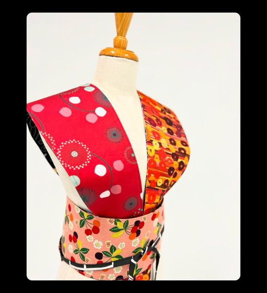 Obi Belt - Abstract Wildflowers with Surface Art Red