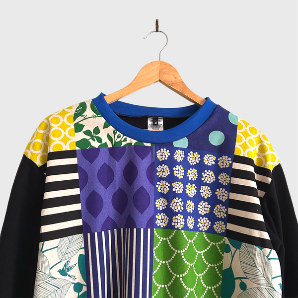 Long Sleeve top - kokka Blocks with Black French Terry (M)