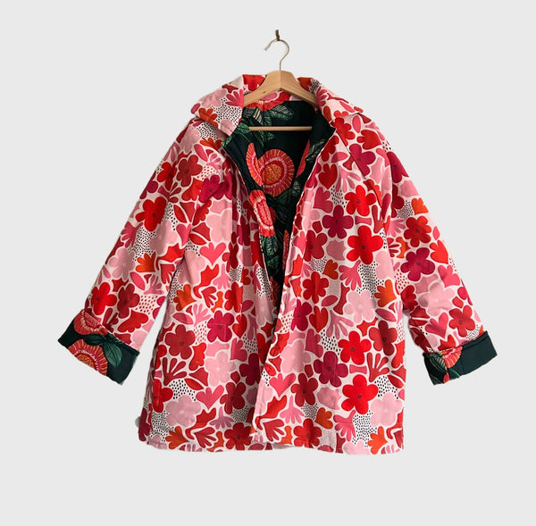Reversible Quilted Jacket - Bold Red Flowers and Cream Daisy