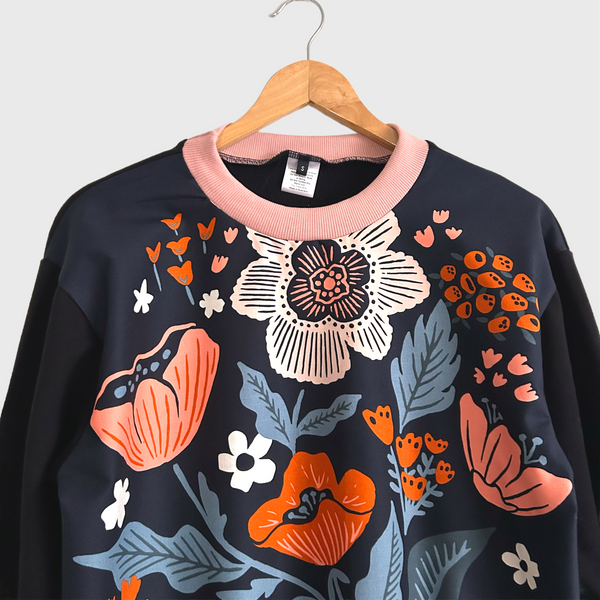 Long Sleeve top - Navy Flower Panel with Black French Terry (S)