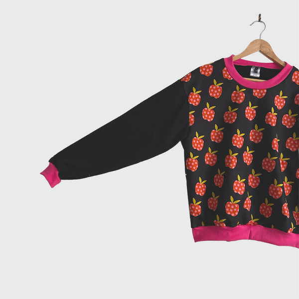 Long Sleeve top - Ruby Star Society Apples with Black French Terry (S)