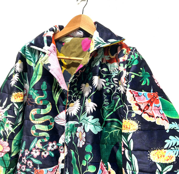 Reversible Quilted Jacket - Navy Velvet and Bold Flowers
