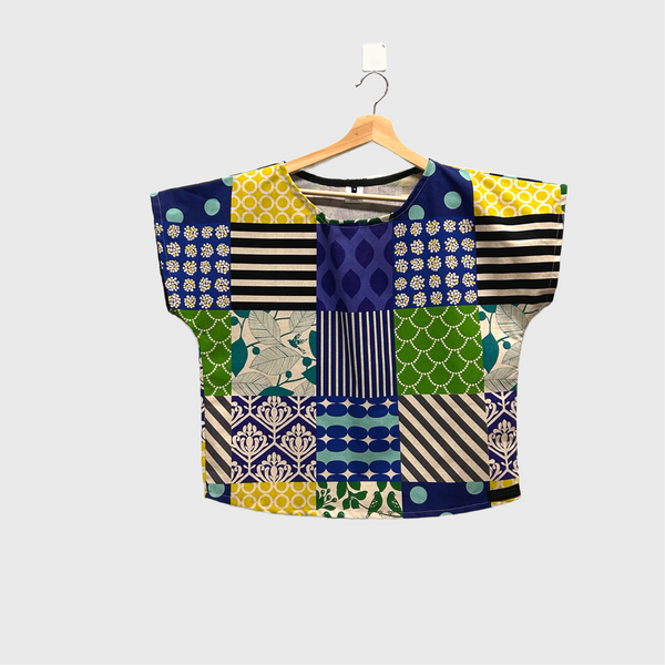 Short sleeve - Echino Blue blocks top (M)