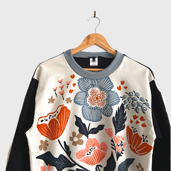 Long Sleeve top - Cream Flower Panel with Black French Terry (S)