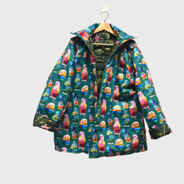 Reversible Quilted Jacket - Dark Green with Pink Flowers and All the Birds