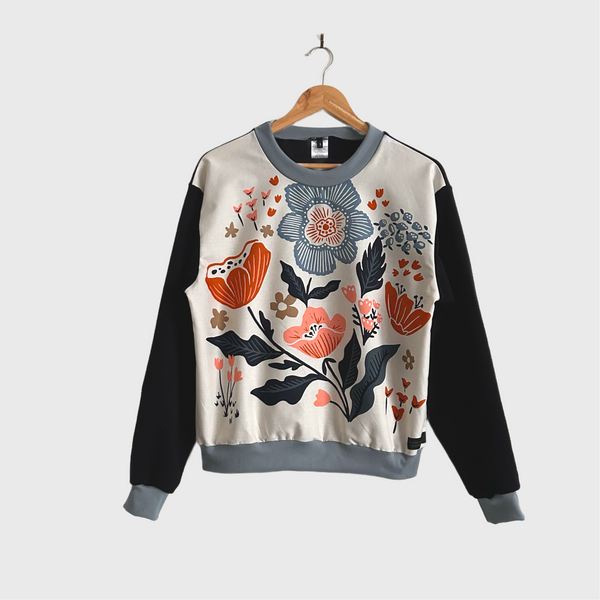 Long Sleeve top - Cream Flower Panel with Black French Terry (S)
