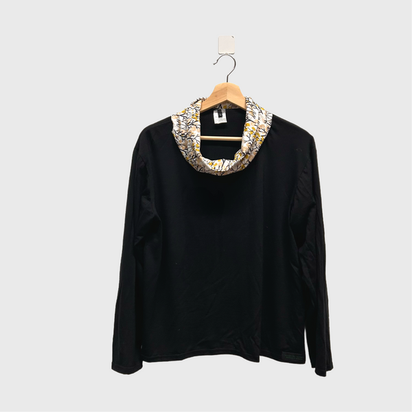 Roll neck top - Black Merino Wool with kokka Trees (L)