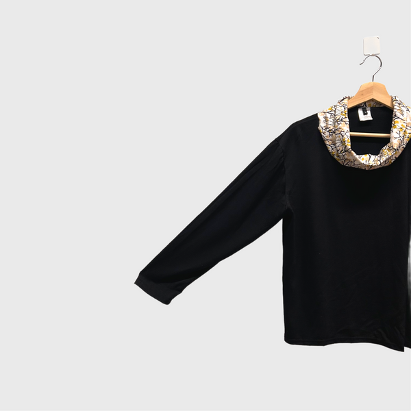 Roll neck top - Black Merino Wool with kokka Trees (L)