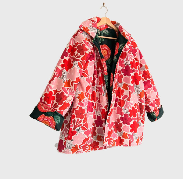 Reversible Quilted Jacket - Bold Red Flowers and Cream Daisy