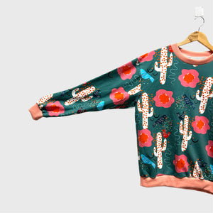 Long Sleeve top - DOOPS Birdy Cacti with Apricot Ribbing (XL)