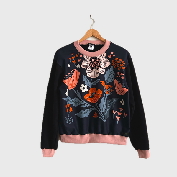 Long Sleeve top - Navy Flower Panel with Black French Terry (S)