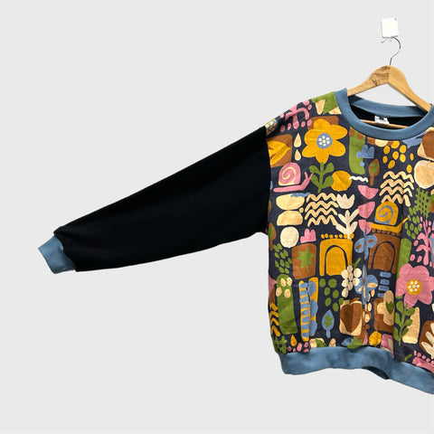 Long Sleeve top - Modern Meadow with Black French Terry (XL)