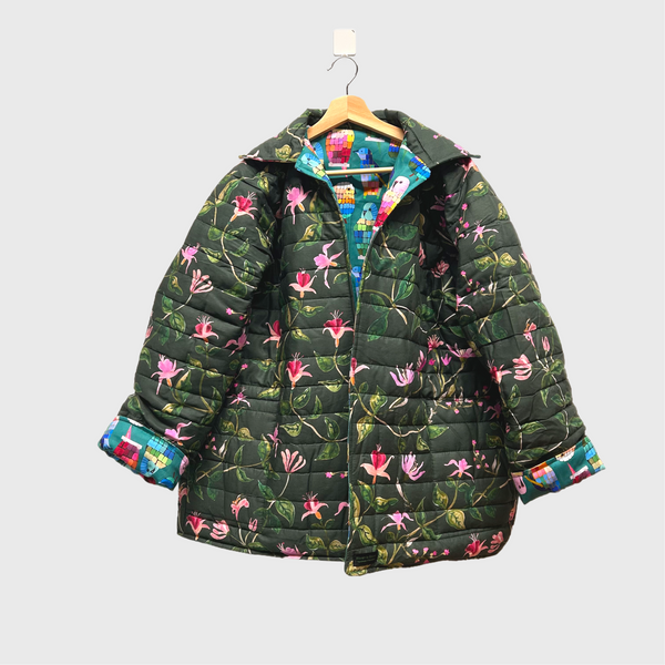 Reversible Quilted Jacket - Dark Green with Pink Flowers and All the Birds