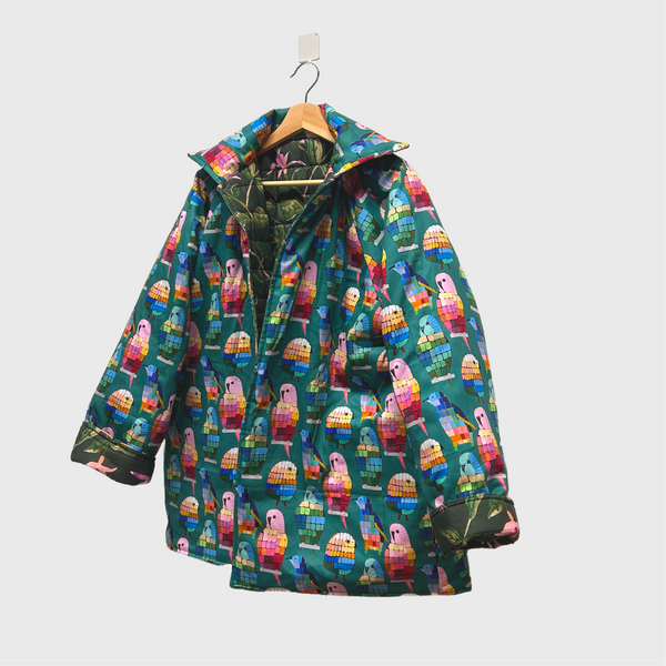 Reversible Quilted Jacket - Dark Green with Pink Flowers and All the Birds